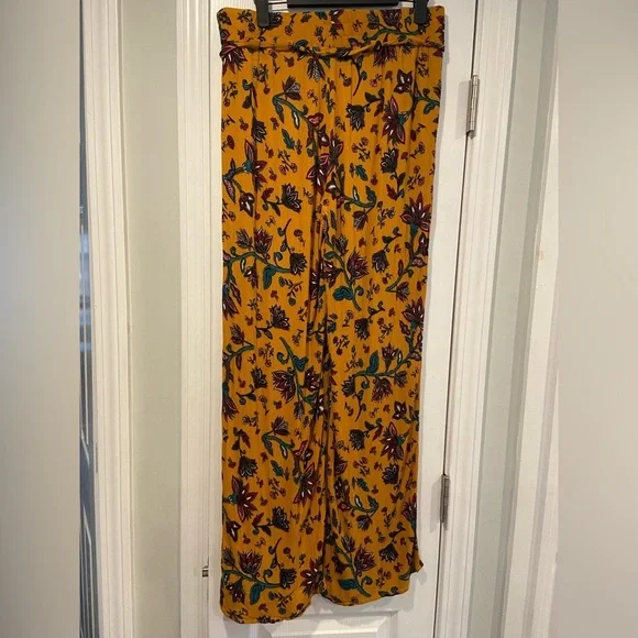 BBJ Los Angeles Mustard Fleur De Lis Flowy Wide Leg Boho Belted Pants Size L - Picture 6 of 13